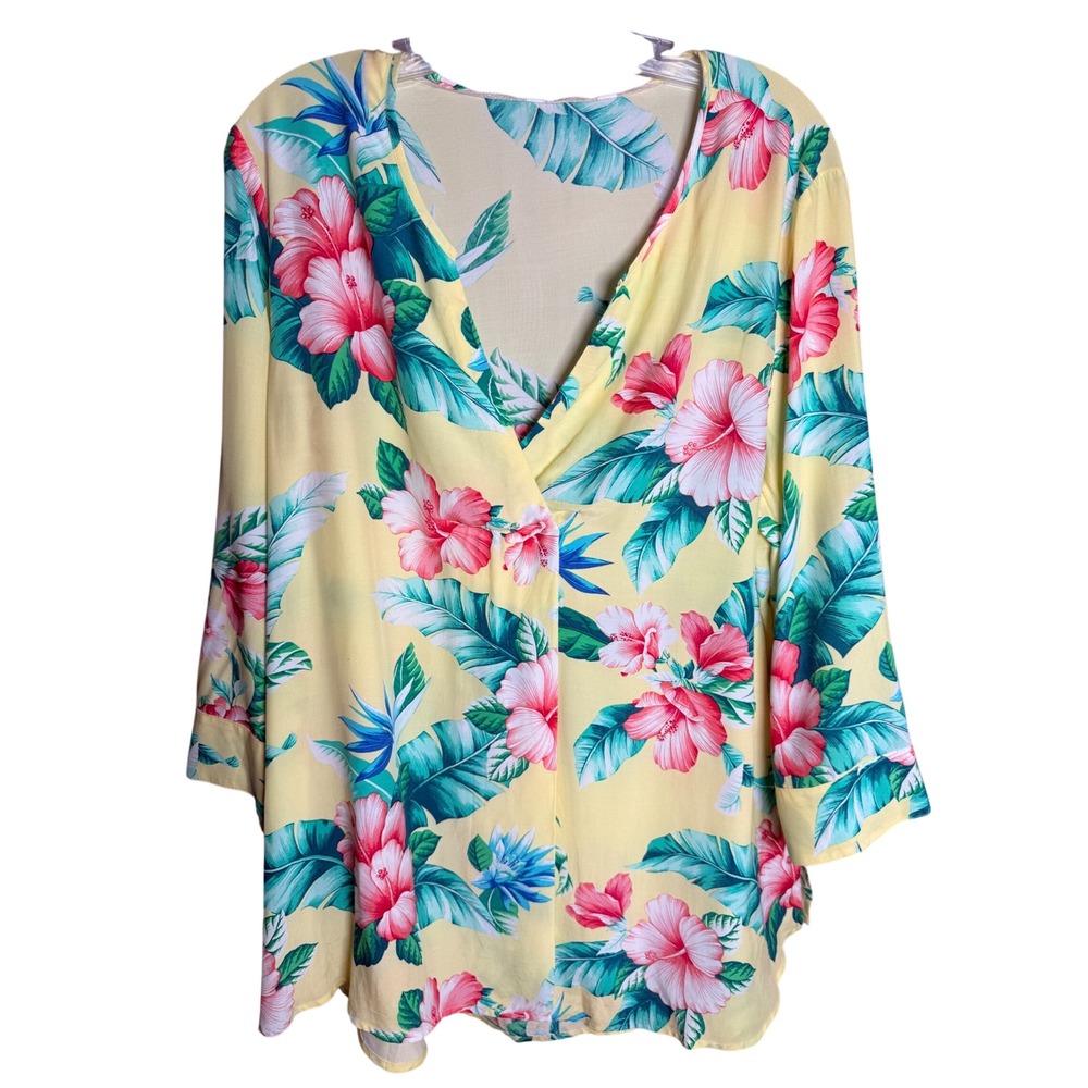 Tommy Bahama Blouse Womens Large Yellow Viscose Tropical Hibiscus Floral V-Neck